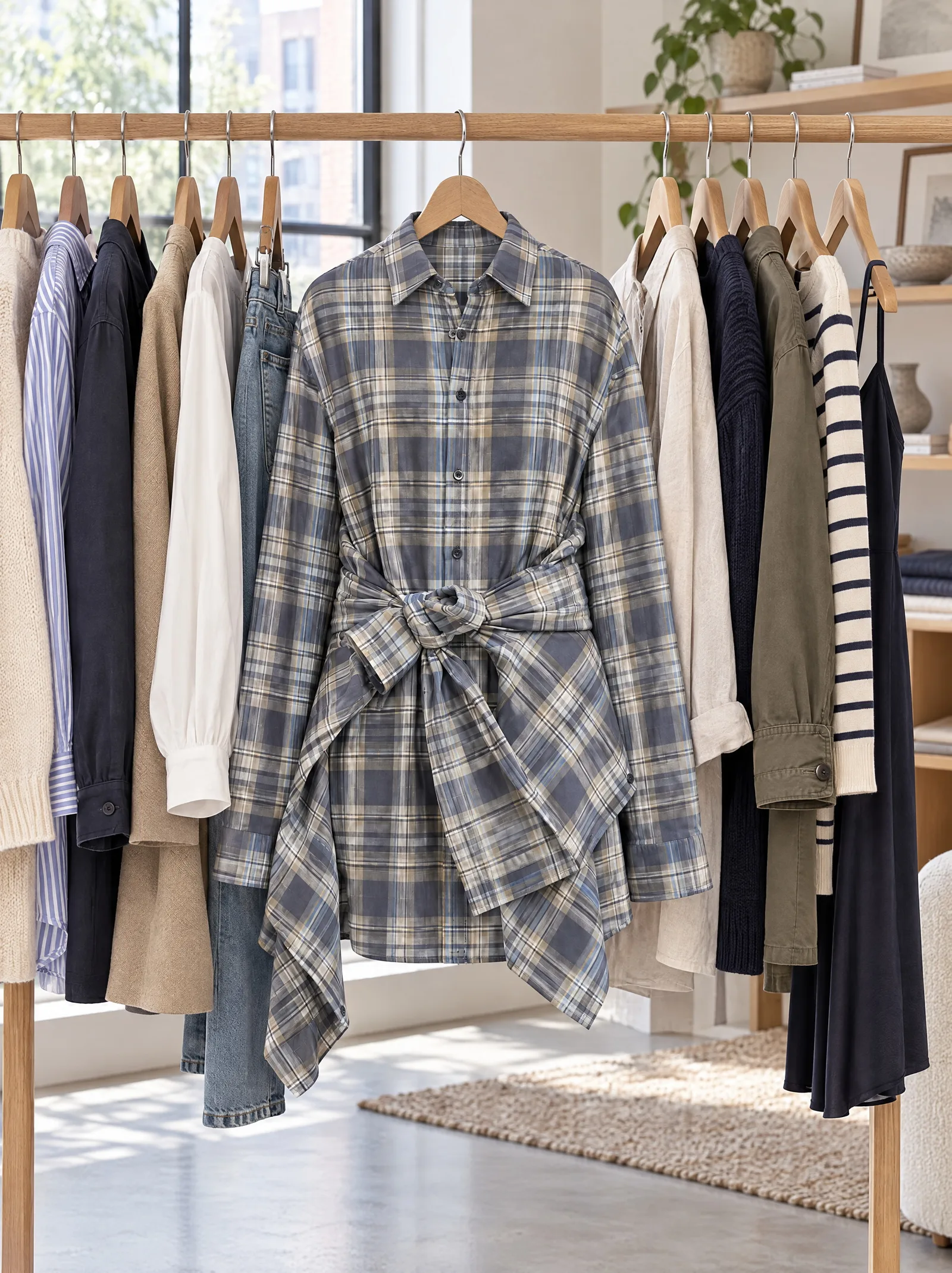 The shirt dress on a hanger in the middle of a crowded showroom rail, other garments pressing in on both sides and a room behind