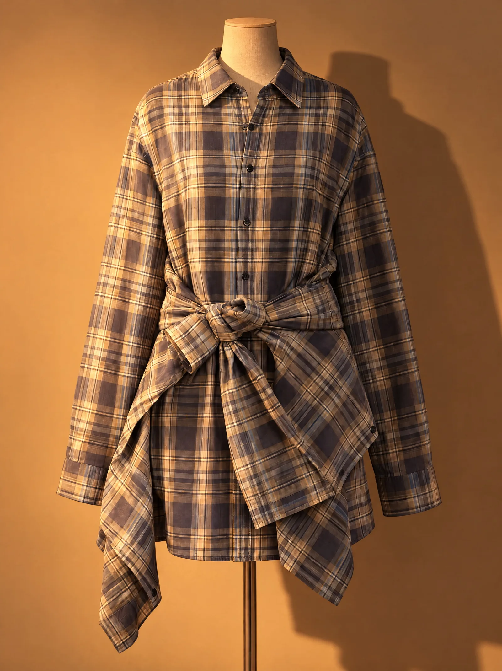 The same shirt dress under warm tungsten light from one side, the whole frame cast orange and a hard shadow behind the bust
